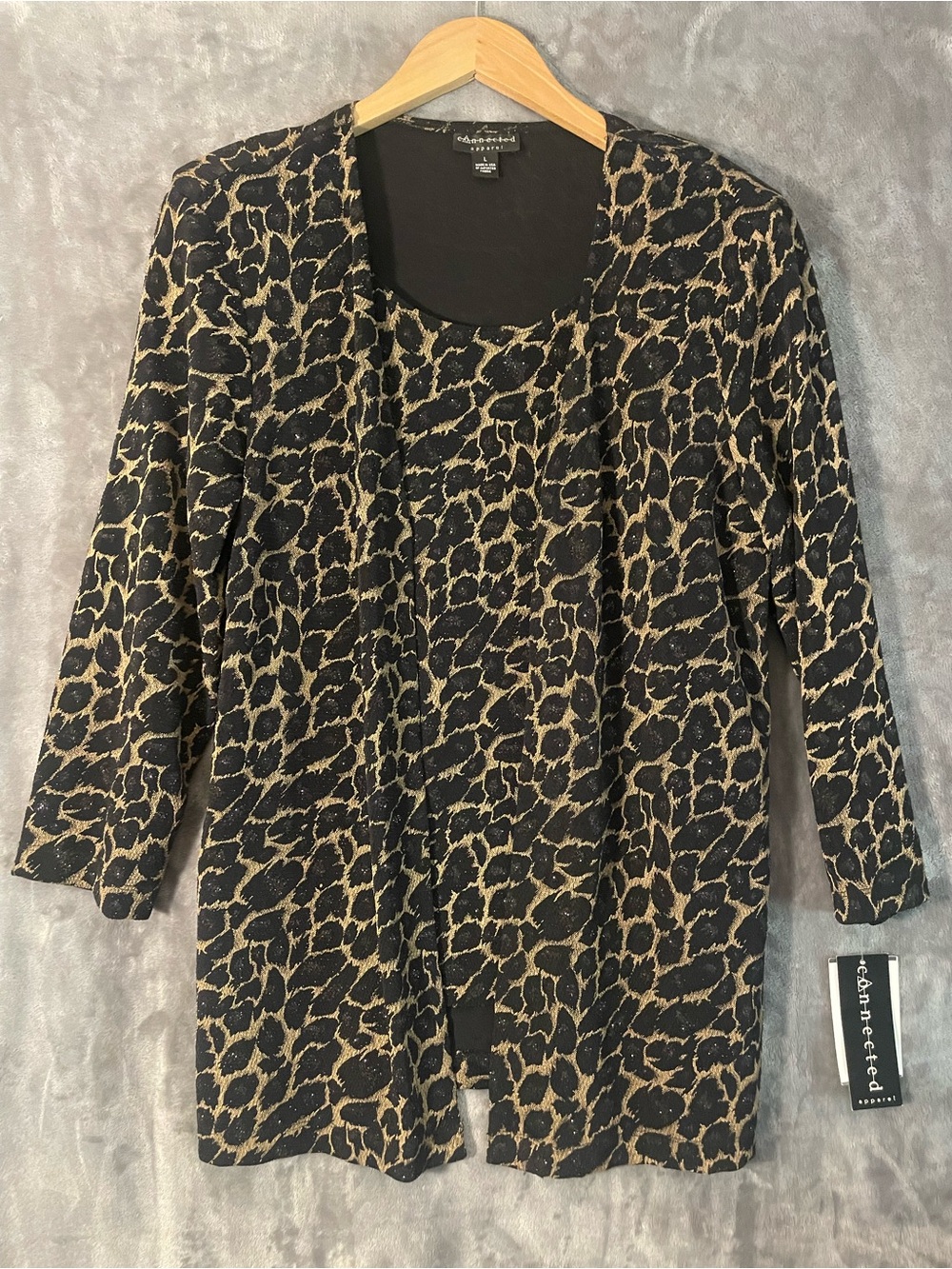 connected apparel Black and Tan Leopard Print Open Cardigan
